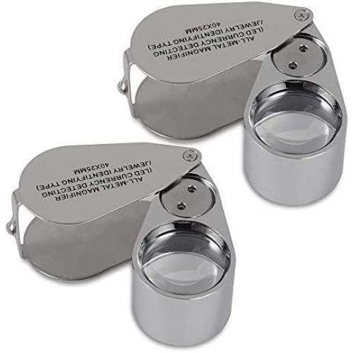 ZHSX 40X Illuminated Jewelers Loupe Magnifier, 2 Pack Full Metal Foldable Jewelry Loop Magnifying Glass with LED Light for Currency Detecting Jewlers Identifying Type Lupe