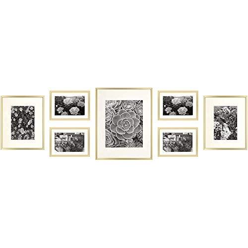 Golden State Art, Set of 7, Aluminum Photo Frame with Ivory Color Mat & Real Glass, Metal Wall Photo Frame Collection (Gold)