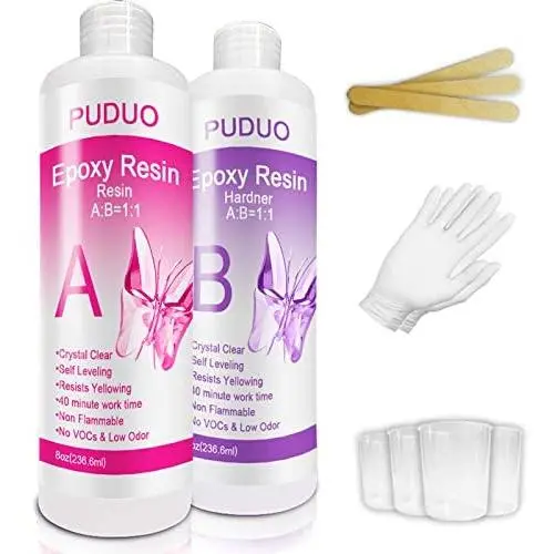 Epoxy-Resin-Crystal-Clear-Kit for Art, Jewelry, Crafts,Coating- 16 OZ Including 8OZ Resin and 8OZ Hardener | Bonus 4 pcs Graduated Cups, 3pcs Sticks, 1 Pair Rubber Gloves by Puduo Epoxy-Resin-Crystal-Clear-Kit for Art, Jewelry, Crafts,Coating- 16 OZ Including 8OZ Resin and 8OZ Hardener | Bonus 4 pcs Graduated Cups, 3pcs Sticks, 1 Pair Rubber Gloves by Puduo