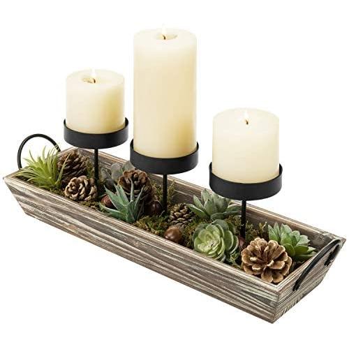 MyGift 3-Pillar Metal Candle Holders with Rustic Torched Wood Tray and Artificial Succulent/Pine Cone Decorations