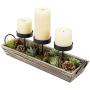 MyGift 3-Pillar Metal Candle Holders with Rustic Torched Wood Tray and Artificial Succulent/Pine Cone Decorations