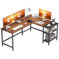 CubiCubi L Shape Computer Desk with Storage Shelf Study Writing Table for Home Office, Modern Simple Style PC Desk, Black Metal Frame, Espresso