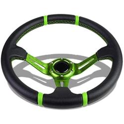 Black Leather/Green 3 Spokes/Green Stitch and Stripe 3.50'' Deep Dish 70mm 6-Bolt Pattern 320mm (12.60'' Inches) Steering Wheel