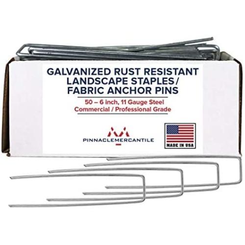 Pinnacle Mercantile USA Made 50 Pack Garden Stakes Landscape Staples Weed Barrier Fabric Galvanized 6 inch Pins Anti Rust Sod Staple 11 Gauge Steel