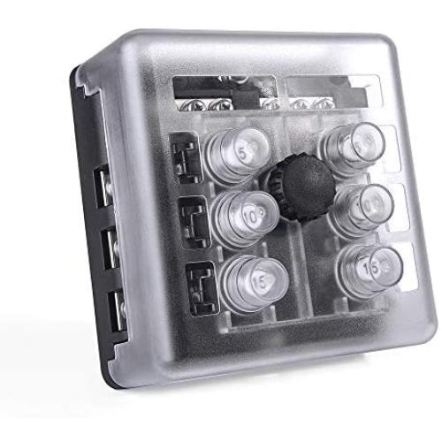 MICTUNING 6 Way Resettable Circuit Breakers Box, 100A Thermal Circuit Breaker Overload Circuit Protector Replace Fuse Box Holder with Waterproof Metal Nut Cover