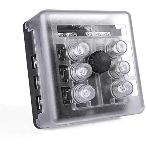 MICTUNING 6 Way Resettable Circuit Breakers Box, 100A Thermal Circuit Breaker Overload Circuit Protector Replace Fuse Box Holder with Waterproof Metal Nut Cover MICTUNING 6 Way Resettable Circuit Breakers Box, 100A Thermal Circuit Breaker Overload Circuit Protector Replace Fuse Box Holder with Waterproof Metal Nut Cover