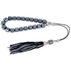 Hematite Gemstone (Long Beads), Handmade Greek Worry Beads or Komboloi with Alpaca Metal Parts on Pure Silk Cord & Tassel, Length 32cm (12.6)