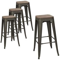 Devoko Metal Bar Stool 30 Indoor Outdoor Stackable Barstools Modern Industrial Square Wood Top Bar Stools Set of 4 (Gun)