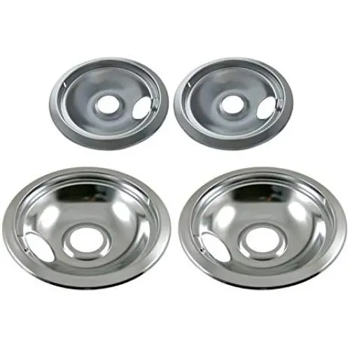 KITCHEN BASICS 101 316048413 and 316048414 Replacement Chrome Drip Pans for Frigidaire Kenmore - Includes 2 6-Inch and 2 8-Inch Pans, 4 Pack KITCHEN BASICS 101 316048413 and 316048414 Replacement Chrome Drip Pans for Frigidaire Kenmore - Includes 2 6-Inch and 2 8-Inch Pans, 4 Pack