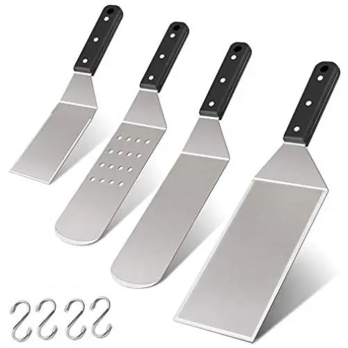 Metal Spatula Set of 4, Leonyo Stainless Steel Griddle Turner Scraper for Flat Top Grill Teppanyaki Cast Iron BBQ Cooking Pancake, Heavy Duty & Dishwasher Safe, Attach 4 Hanging Hooks, Great Men Gift Metal Spatula Set of 4, Leonyo Stainless Steel Griddle Turner Scraper for Flat Top Grill Teppanyaki Cast Iron BBQ Cooking Pancake, Heavy Duty & Dishwasher Safe, Attach 4 Hanging Hooks, Great Men Gift
