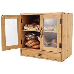 TQVAI Bamboo 2 Tier Bread Box with Clear Window and Cutlery Tray Double Layer Bread Storage Kitchen Countertop Bread Holder - Assembly Required, Original