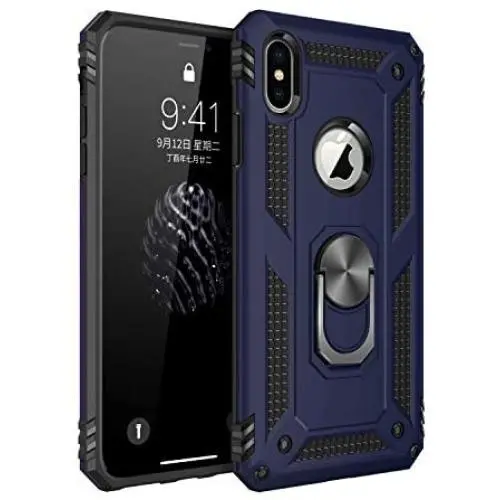 Military Grade Drop Impact for iPhone Xs Case iPhone X Case 360 Metal Rotating Ring Kickstand Holder Built-in Magnetic Car Mount Shockproof Cover for iPhone Xs X Protection Case (Blue)