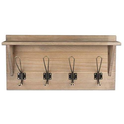Wall Mounted Coat Rack with Shelf - 16 Inch Rustic Wooden 4 Hook Coat Hanger Rail, White Distressed Wood, Black Metal Hooks