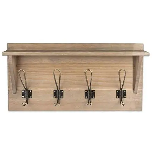 Wall Mounted Coat Rack with Shelf - 16 Inch Rustic Wooden 4 Hook Coat Hanger Rail, White Distressed Wood, Black Metal Hooks Wall Mounted Coat Rack with Shelf - 16 Inch Rustic Wooden 4 Hook Coat Hanger Rail, White Distressed Wood, Black Metal Hooks