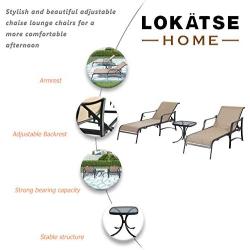 LOKATSE HOME Outdoor Patio Adjustable Metal Chaise Lounge Chair Recliner Set of 2 with 1 Glass Top Bistro Table - Beige