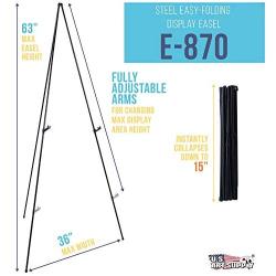 U.S. Art Supply 63'' High Steel Easy Folding Display Easel - Quick Set-Up, Instantly Collapses, Adjustable Height Display Holders - Portable Tripod Stand, Presentations, Signs, Posters, Holds 5 lbs