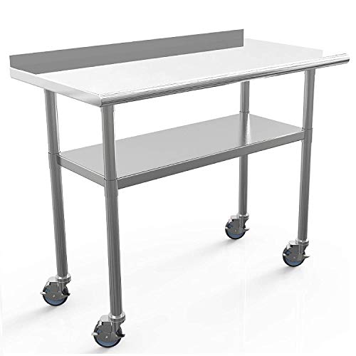 Nurxiovo Commercial Work Table Stainless Steel Table 48 x 24 Inches Heavy Duty Workbench Industrial Restaurant Food Work Tables for Shop Worktop with 1 1/2'' Backsplash /4 Caster Wheels