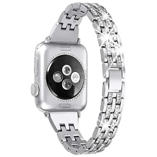 Secbolt Bling Bands Compatible Apple Watch Band 42mm 44mm Women iWatch Series 6 5 4 3 2 1 SE, Dressy Jewelry Metal Wristband Strap Diamond Rhinestone, Silver
