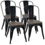 COSTWAY 18 Inch Dining Chair Set of 4, Industrial Vintage Stackable Metal Stools, Counter Bar Stools with High Backrest, Wood Seat, for Home, Kitchen and Cafe Bar Use