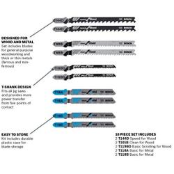 Bosch T-Shank Multi-Purpose Jigsaw Blades, 10 Piece, Assorted, Jig Saw Blade Set For Cutting Wood And Metal (T5002)