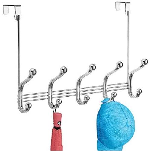 iDesign York Metal Over the Door Organizer, 5-Hook Rack for Coats, Hats, Robes, Towels, Jackets, Purses, Bedroom, Closet, and Bathroom, 15.28'' x 5.25'' x 11'', Chrome
