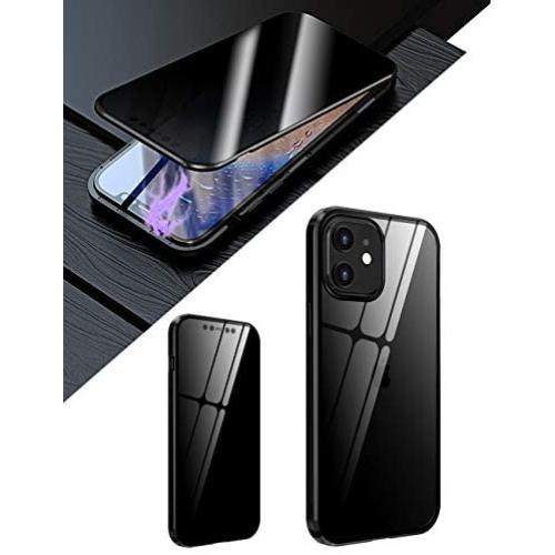 KumWum Anti Peep Screen Protector for iPhone 12 Mini Case Full Body Magnetic Cover Front and Back Tempered Glass Protector with Metal Bumper - Black