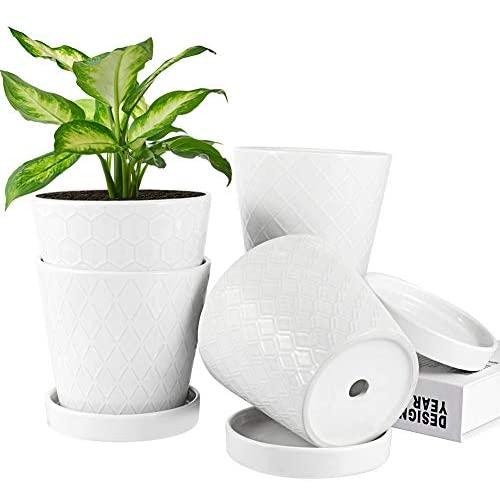 BUYMAX Plant Pots Indoor –5 inch Ceramic Flower Pot with Drainage Hole and Ceramic Tray - Gardening Home Desktop Office Windowsill Decoration Gift, Set of 4 - Plants NOT Included (White)