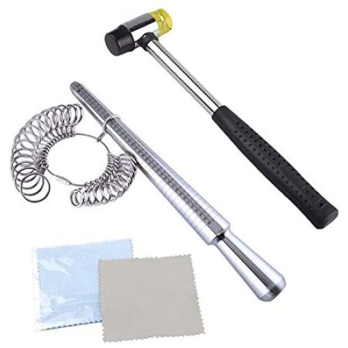 Jewelry Making Tool Measuring Stick Mandrel Ring Sizers Guage Rubber Hammer 27pcs Ring Sizer Guage Circle Models with 2 Piece Jewelry Polishing Cloths (5 pcs kit)