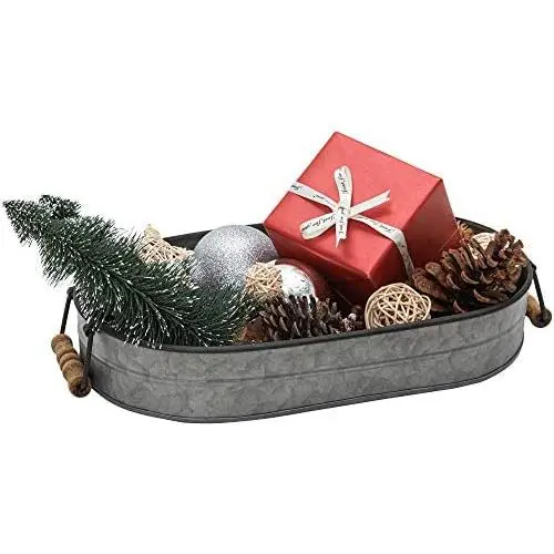 Hawoo Galvanized Metal Tray,Farmhouse Serving Tray Farmhouse Kitchen Decor Serving Trays with Wooden Handles,Decorative Trays for Coffee Table,Christmas,Wedding and Party,14.5''x 8.2'' Hawoo Galvanized Metal Tray,Farmhouse Serving Tray Farmhouse Kitchen Decor Serving Trays with Wooden Handles,Decorative Trays for Coffee Table,Christmas,Wedding and Party,14.5''x 8.2''