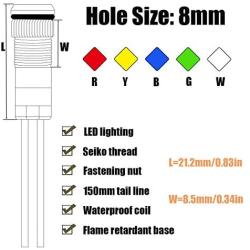 smseace 5PCS Red/Yellow/Blue/Green/White DC/AC12V-24V Energy Saving 5/16 Indicator Light Mounting Hole 8mm with 150mm Cable Length Metal Waterproof LED Indicator Light DQ-8T-5C-12