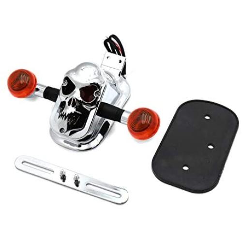 HTTMT- Chrome Amer Metal Skull Brake Tail Light Signal Compatible with Bobber Choppers Motorcycle Bike [P/N: XH3118B-B-01-CD+AMBER]