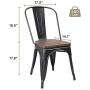 JUMMICO Metal Dining Chair Stackable Industrial Vintage Kitchen Chairs Indoor-Outdoor Bistro Cafe Side Chairs with Back and Wooden Seat Set of 4 (Black)