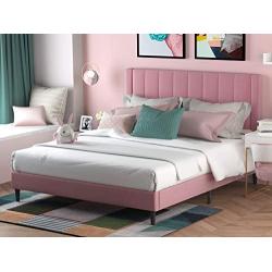 Amolife Queen Size Platform Bed Frame / Velvet Upholstered with Headboard and Strong Wooden Slats Support / Mattress Foundation / Easy Assembly, Light Pink