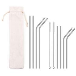 Stainless Steel Straws, U-Taste Metal Drinking Straws Reusable Extra Long with Storage Bag for 20oz 30oz Tumbler Cups Mugs Set of 8 (4 Bent + 4 Straight + 2 Cleaning Brush, Silver)