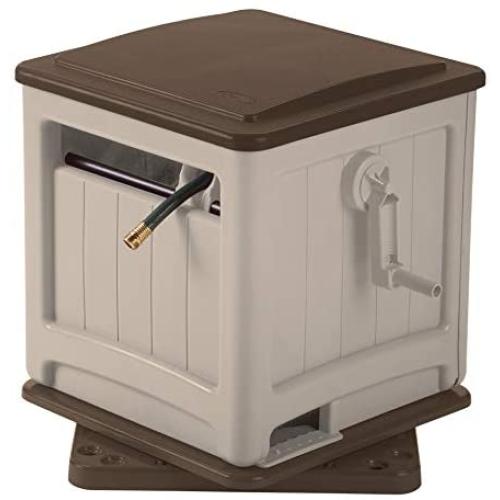 Suncast Resin Swivel Hose Hideaway with Hose Guide - Durable Outdoor Hose Storage Reel with Swivel Base, Crank Handle, Lid, and Slide Trak Hose Guide - 225 Hose Capacity - Mocha and Taupe