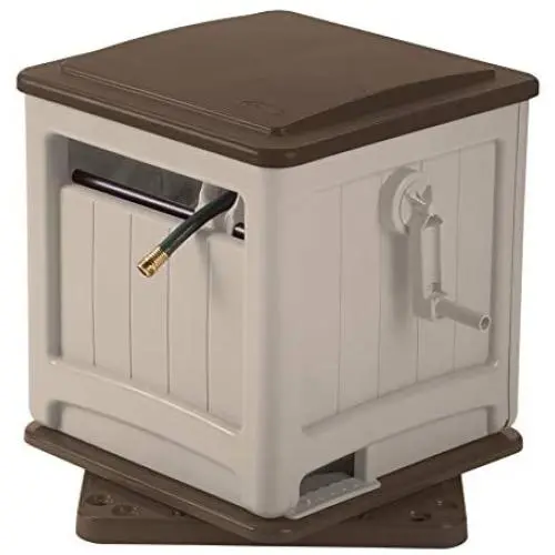 Suncast Resin Swivel Hose Hideaway with Hose Guide - Durable Outdoor Hose Storage Reel with Swivel Base, Crank Handle, Lid, and Slide Trak Hose Guide - 225 Hose Capacity - Mocha and Taupe