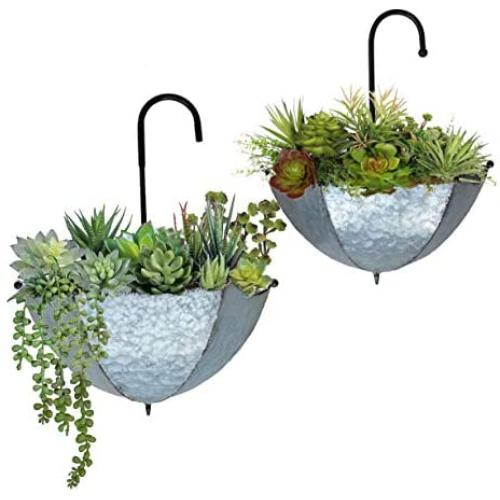 GIFTME 5 Set of 2 Galvanized Metal Umbrella Hanging Wall Planter Flower Holder Indoor or Outdoor Garden Succulent Wall Planter Set