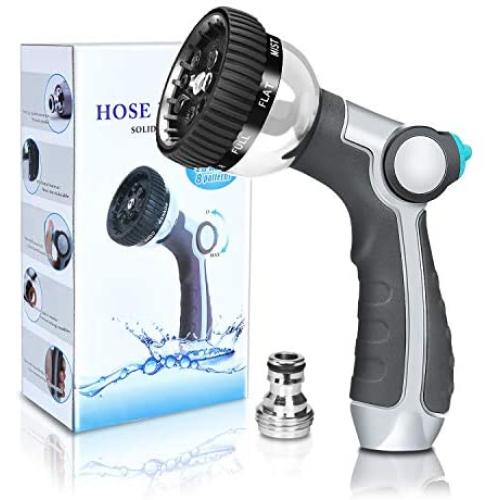 InGarden Garden Hose Nozzle, Metal Water Hose Nozzle Anti-Leak, Heavy Duty Spray Nozzle High Pressure with 8 Patterns, Thumb Control, Suitable for Watering Garden, Showering Pets and Washing Cars
