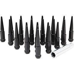 Wheel Accessories Parts 23 Pc Spike Solid Metal Lug Nuts 1/2 Thread 4.40'' Tall Closed End Bulge Acorn Spike Lug Nut with 1 Long Socket Key (Black)
