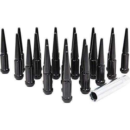 Wheel Accessories Parts 23 Pc Spike Solid Metal Lug Nuts 1/2 Thread 4.40'' Tall Closed End Bulge Acorn Spike Lug Nut with 1 Long Socket Key (Black)