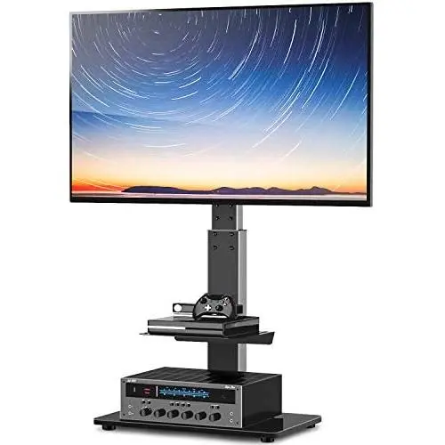 Rfiver Universal Swivel Floor TV Stand with Mount for 32-65 inch Flat Screens/Curved TVs up to 110lbs, Tall TV Stand with Black Tempered Glass Base and 2-Tier Storage Shelves, Height Adjustable. Rfiver Universal Swivel Floor TV Stand with Mount for 32-65 inch Flat Screens/Curved TVs up to 110lbs, Tall TV Stand with Black Tempered Glass Base and 2-Tier Storage Shelves, Height Adjustable.