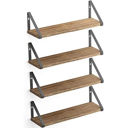 Wallniture Ponza Floating Shelves Wall Mounted Set of 4, Storage Shelves for Kitchen and Pantry, Natural Burned Rustic Wood Wall Decor with Metal Floating Shelf Bracket