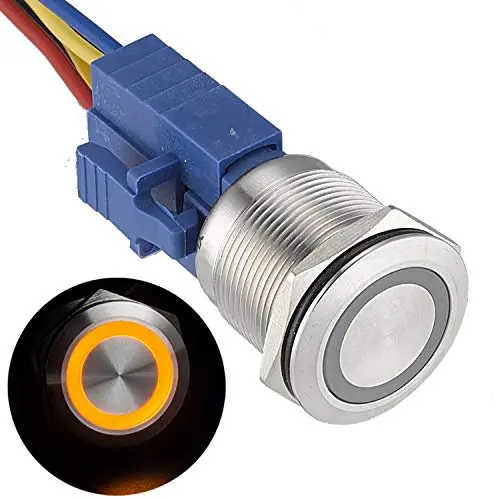 APIELE 22mm Latching Push Button Switch 12V DC Angel Eye LED Waterproof Stainless Steel Round Metal 1NO1NC Self-Locking for 7/8 Mounting Hole (Yellow) APIELE 22mm Latching Push Button Switch 12V DC Angel Eye LED Waterproof Stainless Steel Round Metal 1NO1NC Self-Locking for 7/8 Mounting Hole (Yellow)