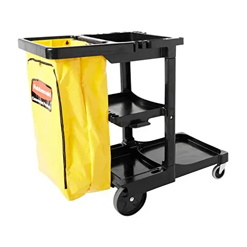 Rubbermaid Commercial Traditional Janitorial 3-Shelf Cart, Wheeled with Zippered Yellow Vinyl Bag, Black, FG617388BLA Rubbermaid Commercial Traditional Janitorial 3-Shelf Cart, Wheeled with Zippered Yellow Vinyl Bag, Black, FG617388BLA