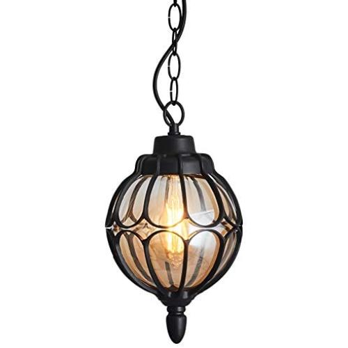 IJ INJUICY Outdoor Hanging Lamp Lantern, Waterproof Pendant Lighting Fixture in Painted Metal with Glass Globe, Exterior Ceiling Light for Porch, Entryway,Restaurant 9.1'' (Black)
