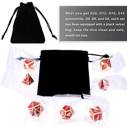 Bememo Polyhedral Metal Dices Set Zinc Alloy with Enamel Solid Metal for DND Game, Tabletop RPG, Dungeons and Dragons, Math Teaching, 7 Pieces Dice Set with Black Velvet Bag (Golden Red)