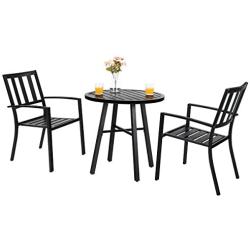 PHI VILLA 3 Piece Outdoor Patio Bistro Dining Set, Slatted Metal Round Table & 2 Patio Chairs, Outdoor Furniture Set for Porch, Deck