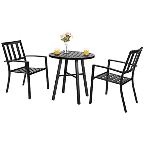 PHI VILLA 3 Piece Outdoor Patio Bistro Dining Set, Slatted Metal Round Table & 2 Patio Chairs, Outdoor Furniture Set for Porch, Deck