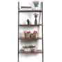 KINGSO Industrial Ladder Shelf 4-Tier Bookshelf Leaning Storage Rack Shelves for Living Room Kitchen Home Office Metal Frame Stable Sloping Ladder Shelves Leaning Against The Wall, Rustic Brown