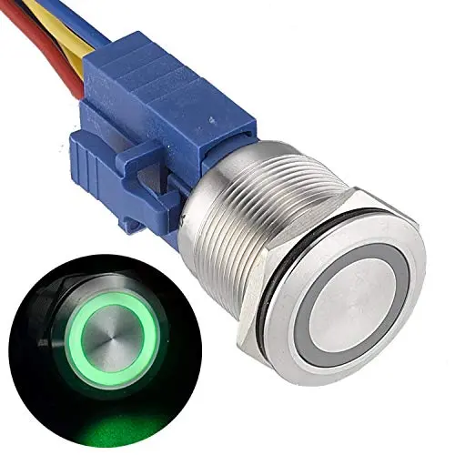 APIELE 22mm Latching Push Button Switch 12V Angel Eye LED Waterproof Stainless Steel Round Metal Self-Locking Latching 7/8 1NO 1NC (Green) r APIELE 22mm Latching Push Button Switch 12V Angel Eye LED Waterproof Stainless Steel Round Metal Self-Locking Latching 7/8 1NO 1NC (Green) r
